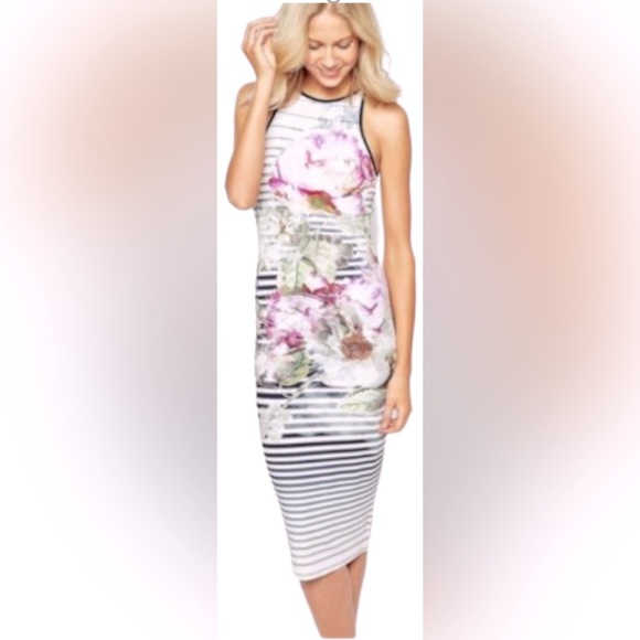 TED Baker Laya Sleeveless Peony Floral Stripes Bodycon Midi Dress - Picture 1 of 11